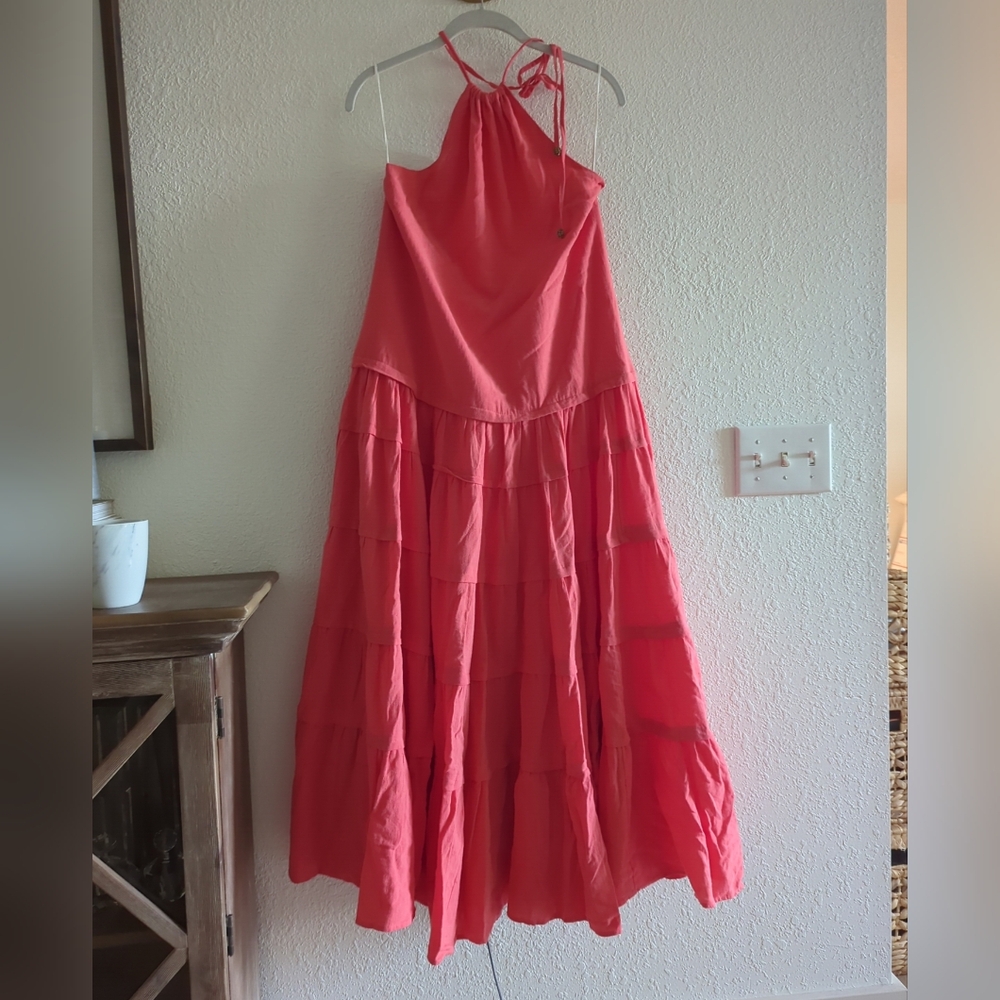 Free People Somewhere Sunny Drop Ruffle Watermelon Waist Halter Maxi Dress S,xs - Picture 5 of 9